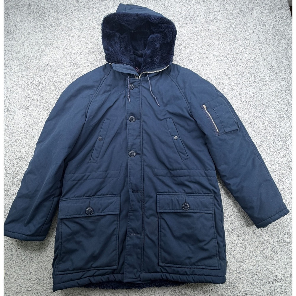 Vintage Sears Work Leisure Parka Mens Medium Navy Blue Heavy Faux Fur Lined READ